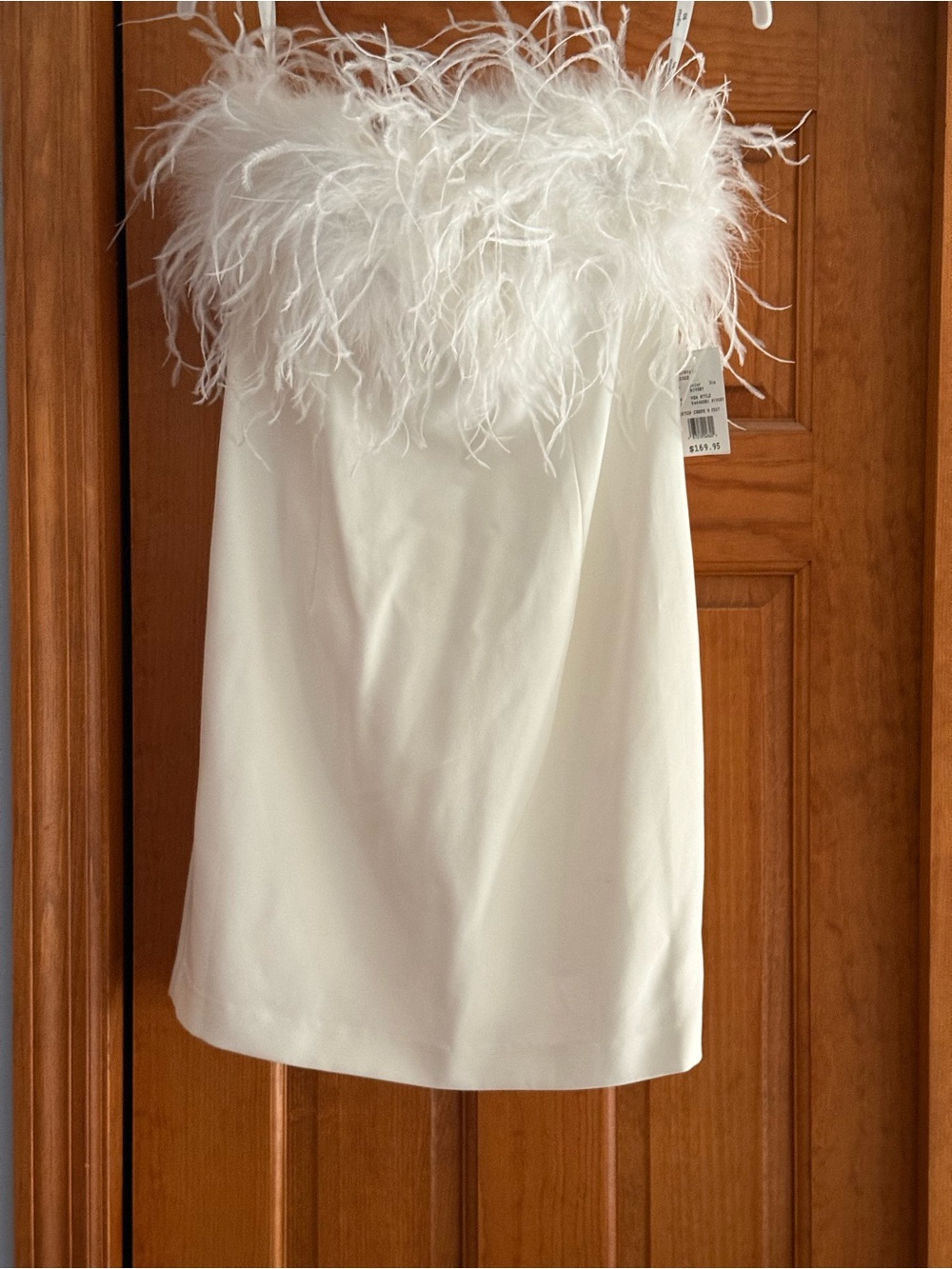 David’s Bridal Studio - Strapless Crepe Feather Trim Mini Dress